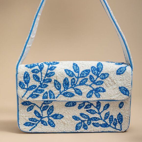 Viral Beaded Shoulder Bag Stacy Blue and White Floral NWT - Picture 1 of 16